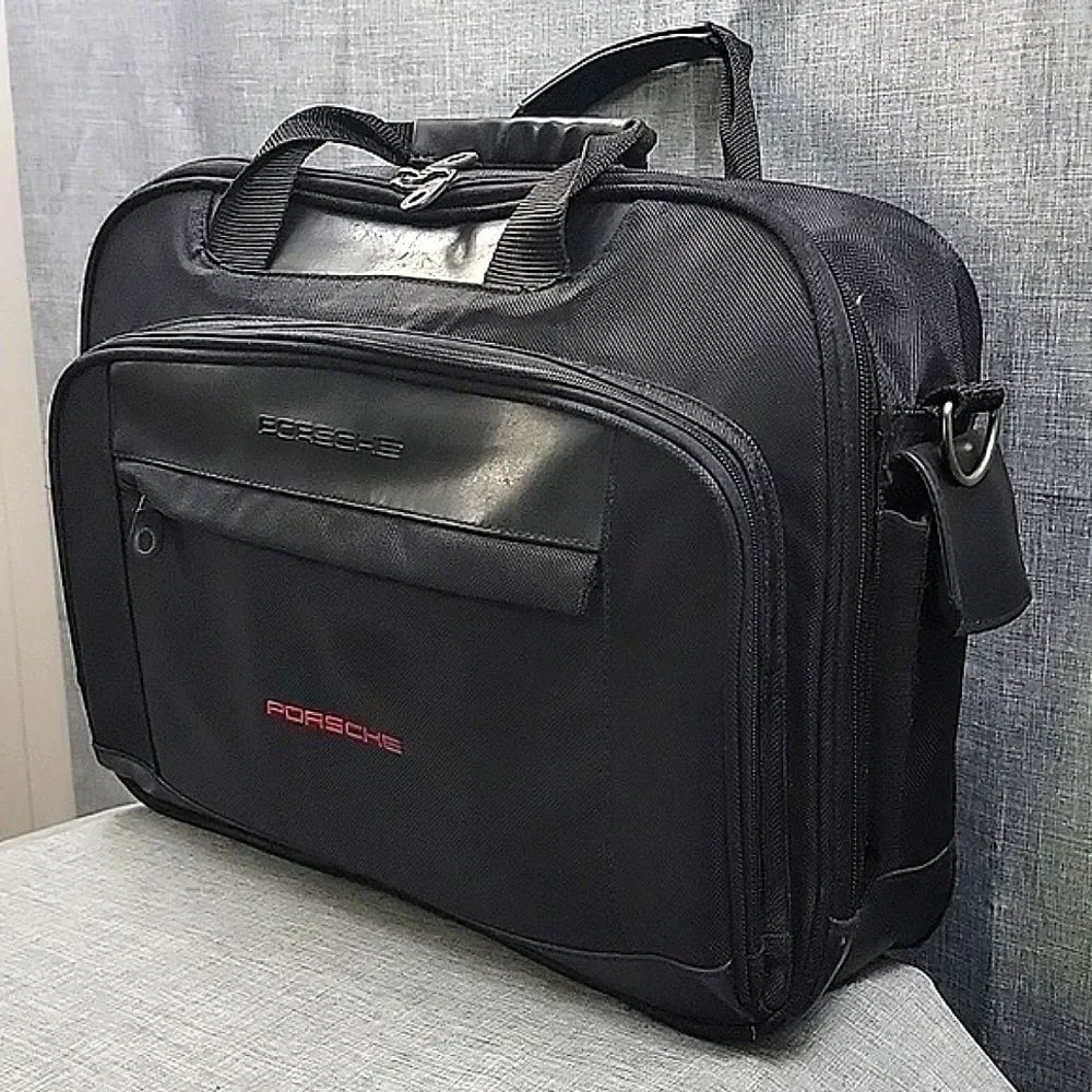 Porsche Rare Briefcase Office Sport Laptop Bag - Black Nylon, Leather Trim